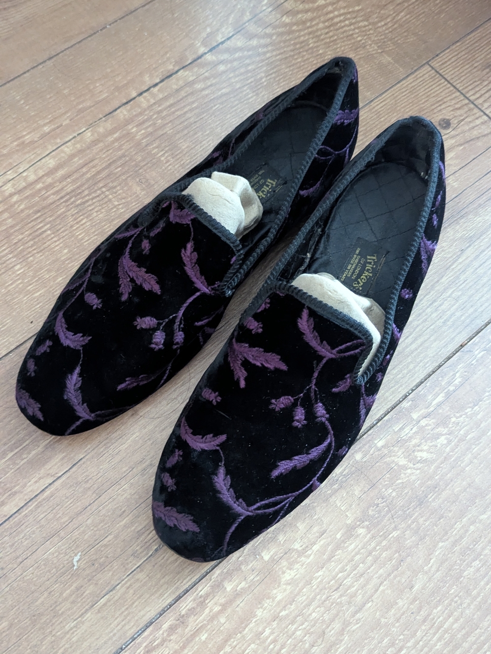 Trickers Men's Black Velvet Loafers with Purple Floral Embroidery